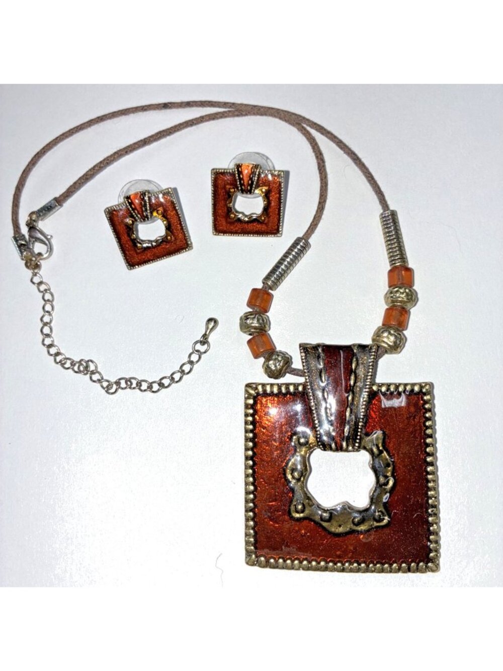 Lot of 2 Pendant Necklace w/Earrings Boho Rootbeer w/Gift Box 14-18" #ps